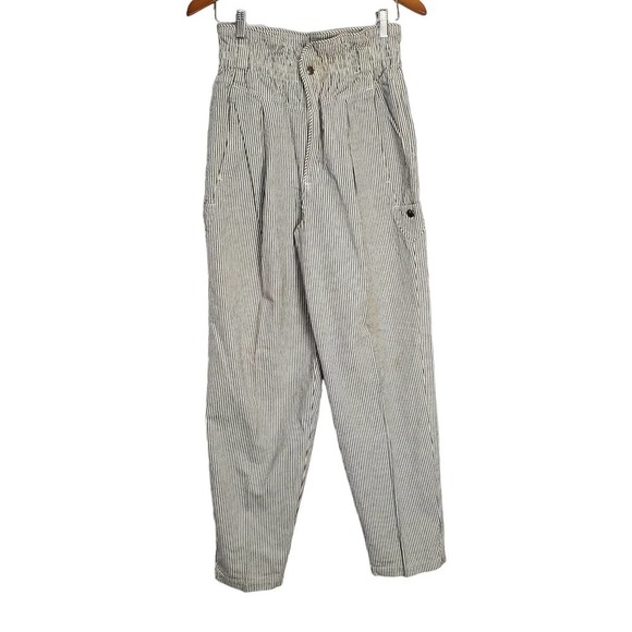 Vintage 80s Jeans Womens Sz 8 Gray White Striped Paperbag Waist High Rise Pants - Picture 1 of 13